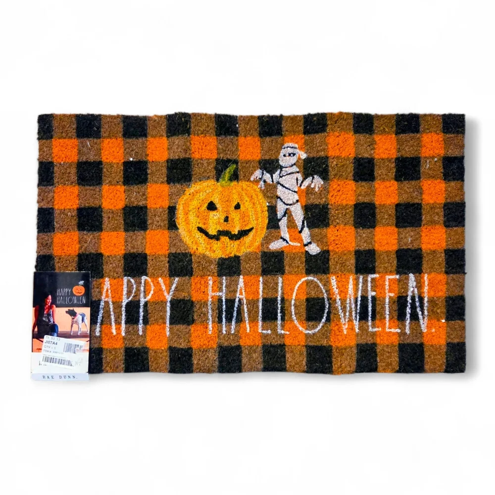 Rae Dunn Halloween Checkered Coir Doormat Orange and Black‎ Mummy Pumpkin